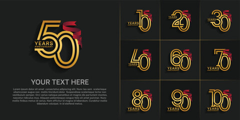 Anniversary logo style double line number set. gold color and red ribbon for celebration event