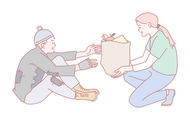In a heartwarming scene of kindness, one generous person offers a bag of essential food items to someone in dire need