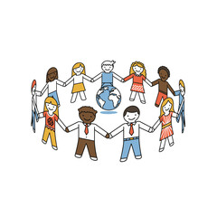 Naklejka premium Global Unity: A diverse circle of people holding hands embraces the globe, symbolizing interconnectedness, harmony, and the strength found in global unity.