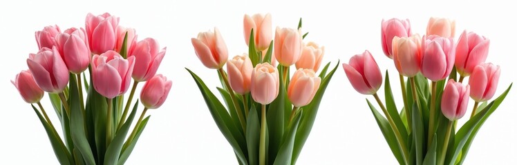 Naklejka premium Fresh bouquets of pink tulips set against white background. Floral arrangements of spring flowers, perfect for greeting cards, wedding decor or holiday celebration gifts. Generative AI art.
