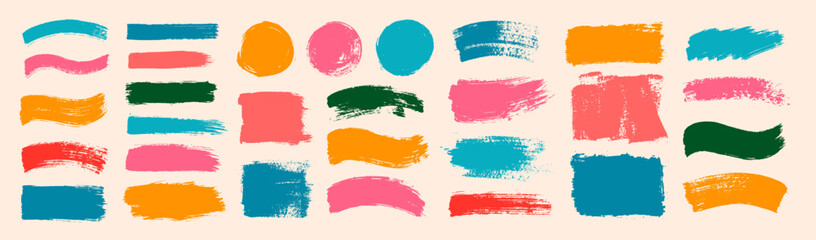 Set of colorful brush strokes, lines, hand painted design elements. Boxes, textures, backgrounds for text. Rough grunge edges. Artistic brushes.
