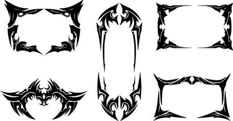 Fototapeta premium Neo Tribal Frames Set. Y2K Tattoo Borders. Vector Gothic Acid Rectangle Shapes in Cyberpunk 2000s Style 