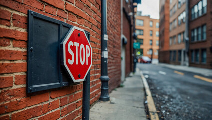 Colorful stop sign in an urban alley, symbolizing diversity and inclusion.