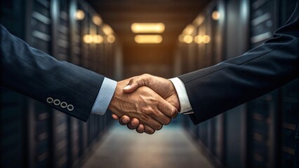 Business Handshake in Server Room – Hyper realistic Close-Up in Dramatic Light

