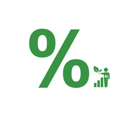 Sustainable percentage: A stylized green percentage sign, incorporating an integrated symbol of a growing individual. conveying concepts of sustainability, growth, and environmental awareness.