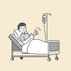 Hospital Patient: A patient, lying in a hospital bed, conveys positivity and optimism with a cheerful thumbs-up gesture, symbolizing recovery and well-being during his treatment.