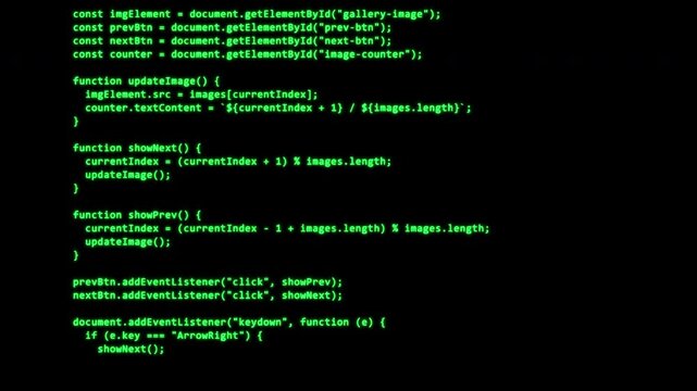 Programming source code green text, Java code of web page. Javascript programming concept