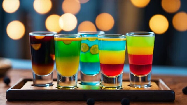 Colorful Cocktail-Shot rainbow selection. Four glasses brimming with tasty cocktails: cocoa liqueur, coffee liqueur, blue liqueur, peach schnapps, and yellow chartreuse.