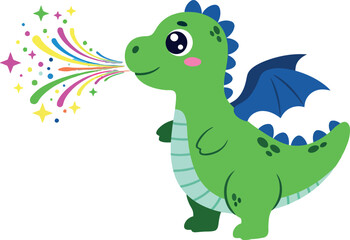 A cheerful green dragon with blue wings blowing colorful sparkles in a playful flat vector illustration