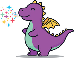 Naklejka premium Cute purple dragon with yellow wings blowing colorful sparkles in a playful, flat vector illustration