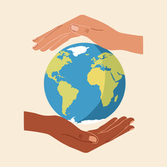 World in Safe Hands: A symbolic illustration of the Earth cradled gently by two hands of diverse tones, representing the essence of unity and care for the world.