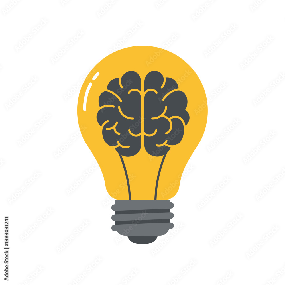 Poster brainstorm in lightbulb: illustrative depiction of a lightbulb containing a brain, symbolizing innov