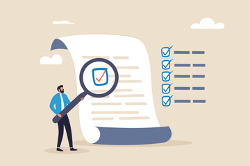 Inspect or review document, report or legal audit, quality assurance, search for document, information or research, investigate, proof or checking concept, businessman with magnifier inspect document.
