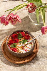 yogurt with granola, oatmeal, raspberries, mint, breakfast, Easter