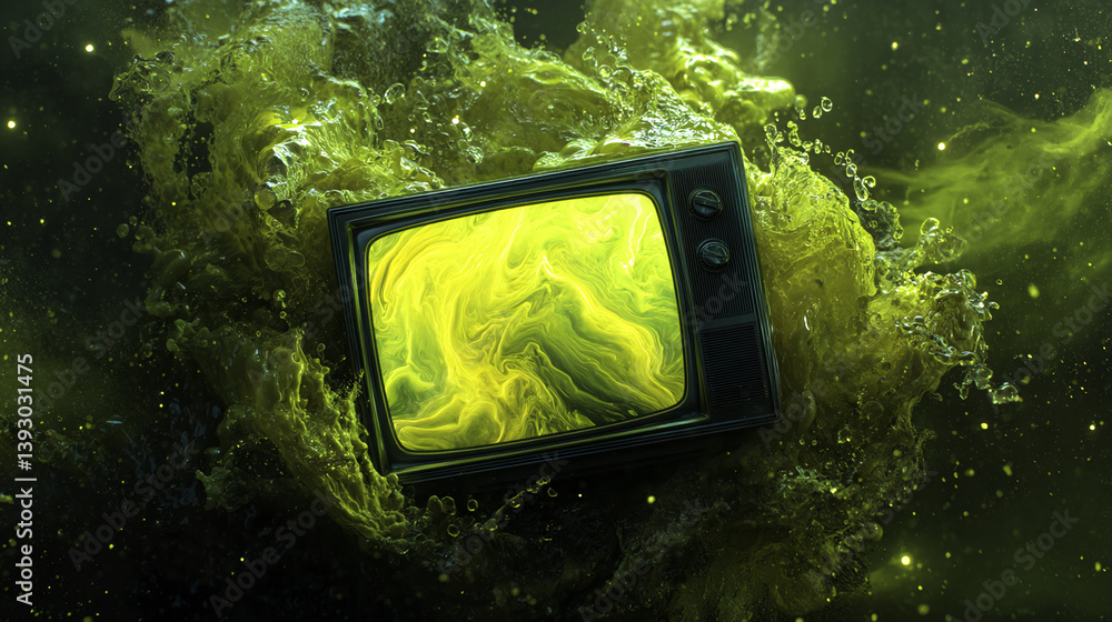 Poster retro television submerged in lime green liquid, creating a dynamic, abstract image symbolizing medi