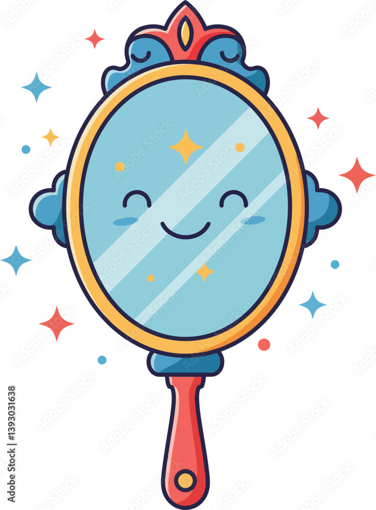 Poster cheerful smiling mirror with decorative handle in a flat and colorful vector illustration