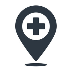 Medical Location Marker: This stylized graphic portrays a medical location pin, symbolized by a cross within a map marker.