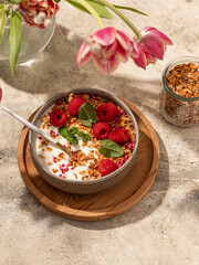 yogurt with granola, oatmeal, raspberries, mint, breakfast, Easter