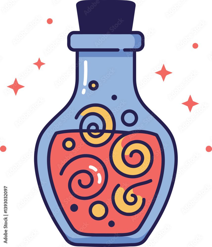Poster colorful potion bottle with swirling patterns in flat vector art