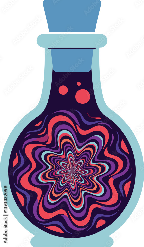 Poster colorful potion bottle with swirling patterns in flat design vector art