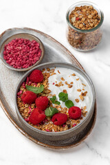 yogurt with granola, oatmeal, raspberries, mint, breakfast, Easter