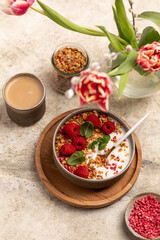 yogurt with granola, oatmeal, raspberries, mint, breakfast, Easter
