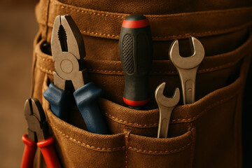 Hand Tools in Leather Tool Belt, Close-Up of Work Gear

