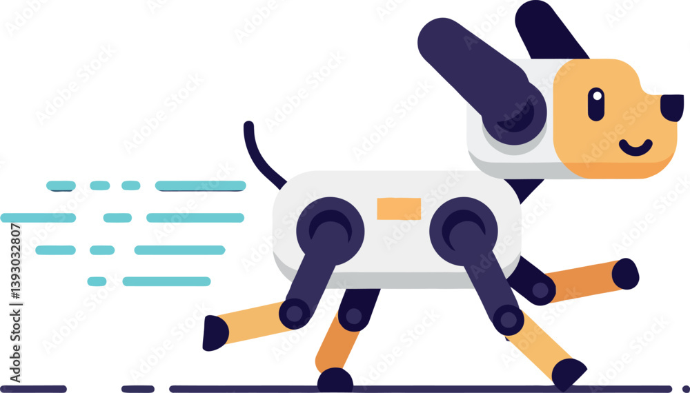 Poster playful robotic dog running swiftly in a flat design vector art