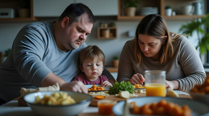 unhealthy eating habits family enjoys meal together at cozy kitchen table, sharing food and bonding