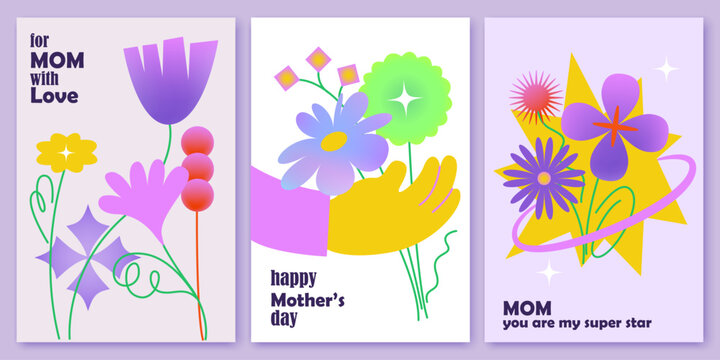 Mother's day cards set. Geometric  art chic design with flowers, plants. Bright colorful holidaydesign. Cards, invitations, covers, post, message template.