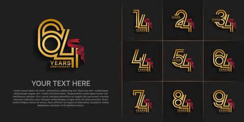 Anniversary logo style double line number set. gold color and red ribbon for celebration event