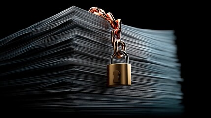 A golden padlock secured on a stack of documents representing confidentiality