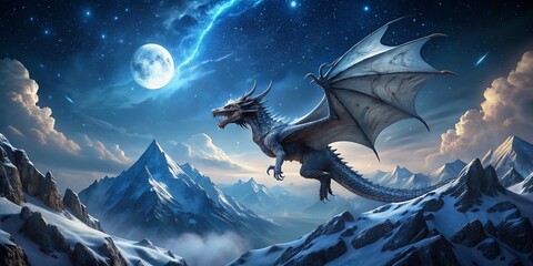 Fototapeta premium A Majestic Night Dragon Soars Above Mountain Peaks Fantasy Stock Image of Epic Scale and Dramatic Beauty