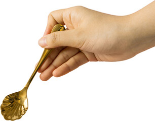 Hand holding gold tea spoon on isolated transparent background