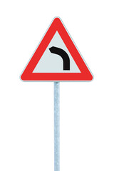 Bend to left ahead road sign, large detailed isolated vertical white triangular dangerous route section traffic warning closeup, red frame grey metallic pole post, political conservatism bent concept
