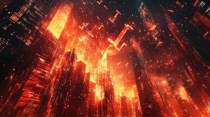  Financial skyscrapers shatter under falling red arrows, glass breaks as charts and currency symbols explode, glowing inferno in background reveals crisis and aggression