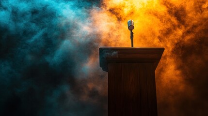 Wooden podium with microphone in dramatic lighting