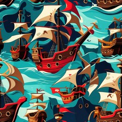 Naklejka premium Seamless pattern of boats sailing on water background. Red brown color ships with white sails on blue waves. Nautical background.