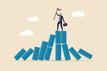 Winner take all, survive business competition or strength to overcome difficulty, economic crisis or recession, business winner concept, success businessman on stand strong bar graph domino collapse.