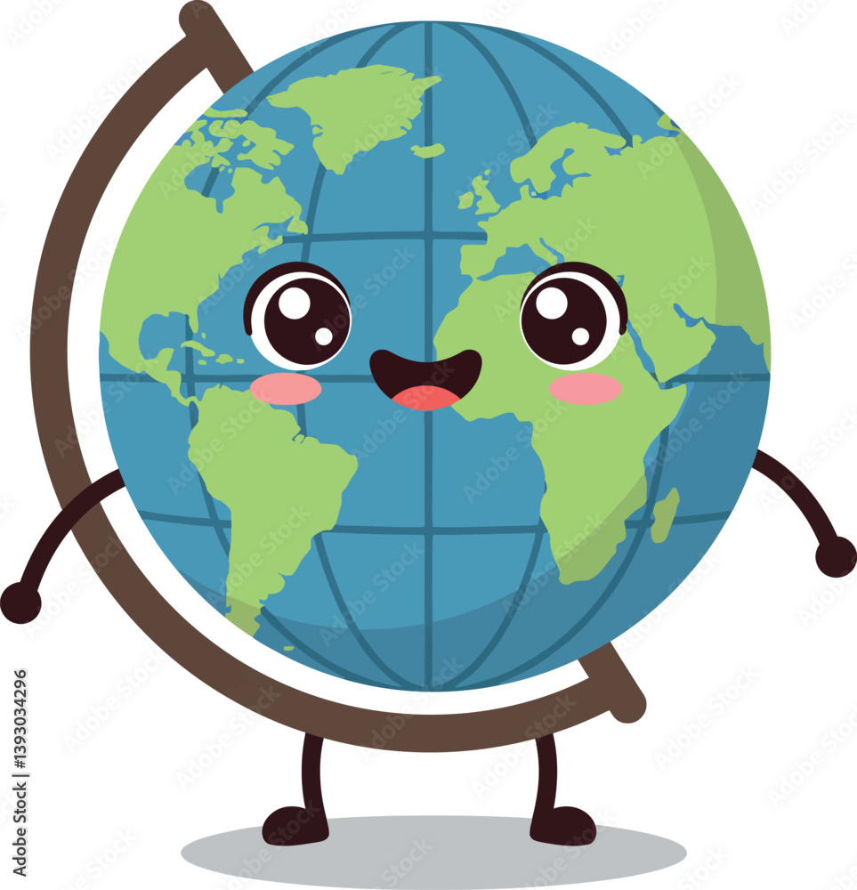 Poster happy globe character with arms and smiling face in flat vector art