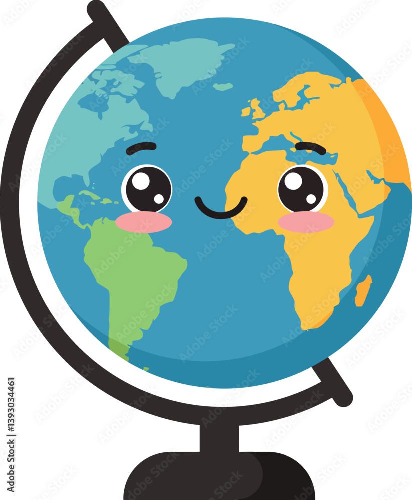 Aufkleber smiling cartoon globe on a stand with colorful continents in flat vector art