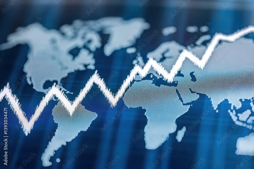 Aufkleber a stock market graph with a global map background, a blue color theme, and white arrow-up and arrow-