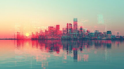 Fototapeta premium cityscape built from layered digital ads and graphs glowing pink and teal screens reflect below resembling water futuristic urban marketing concept