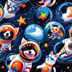 Seamless Pattern Dogs Cats Space Suits Stars Background. Tileable backdrop featuring animals astronauts planets. Decorative illustration with repeating design.