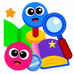 Playful learning adventure featuring curious cartoon characters exploring a colorful book with magnifying glasses, vibrant colors, and a playful style.