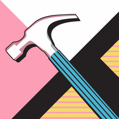 A bold teal hammer poised for action against a vibrant pink, black, and yellow geometric backdrop.