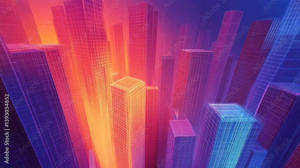 Poster abstract cityscape wireframe with vibrant gradient illumination visualizes growth