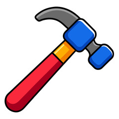 A cheerful red and blue cartoon hammer ready to build something amazing with bold outlines and a playful design.