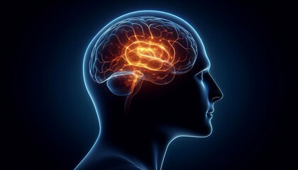 The digital illustration features a detailed human head with a dark blue background, highlighting the intricate brain structure in a sleek, modern style.