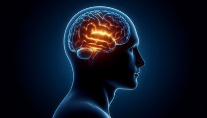 The digital illustration features a detailed human head with a dark blue background, highlighting the intricate brain structure in a sleek, modern style.
